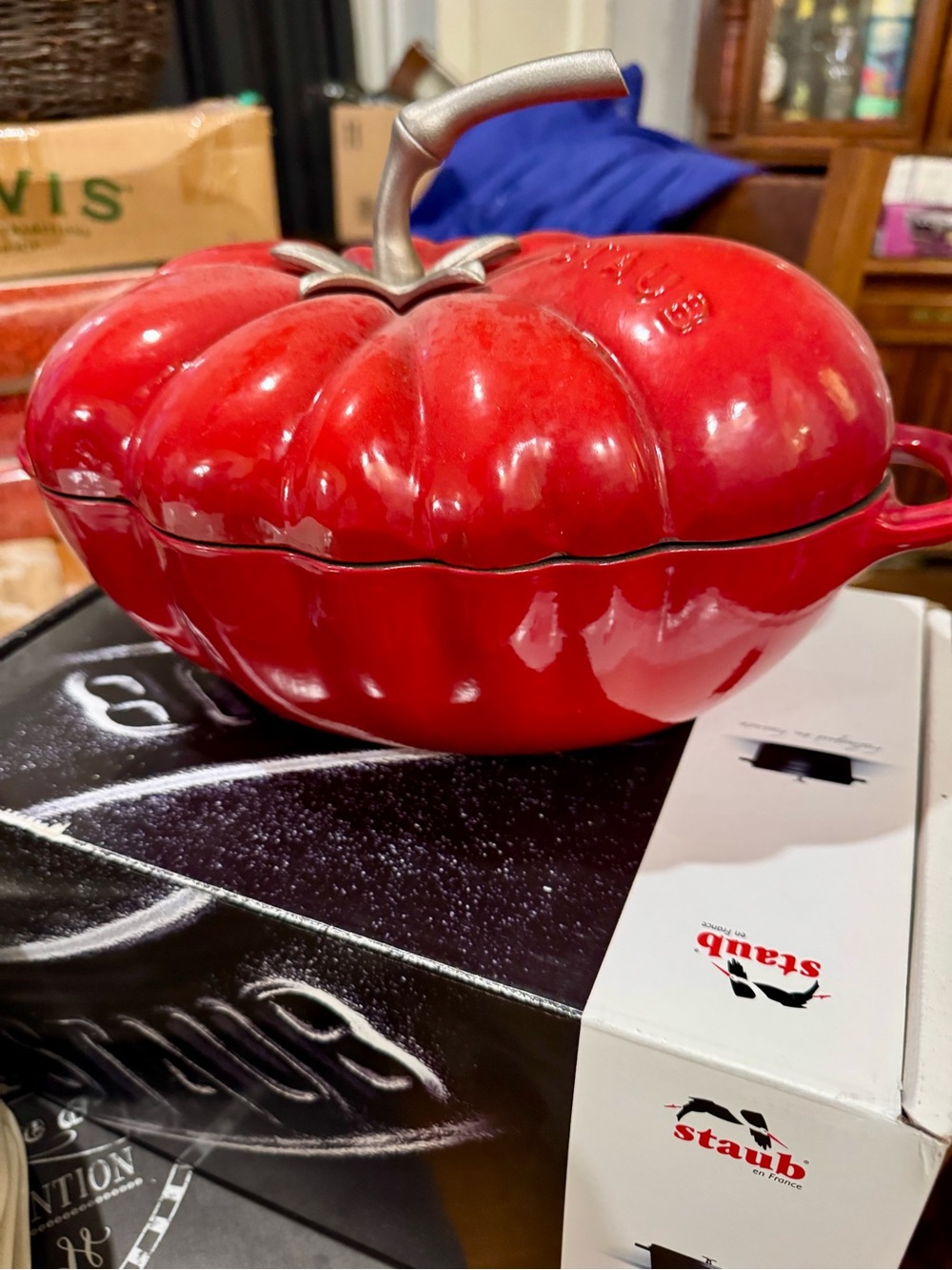 Staub Red Tomato-Shaped Cast Iron Cocotte with Silver Stem